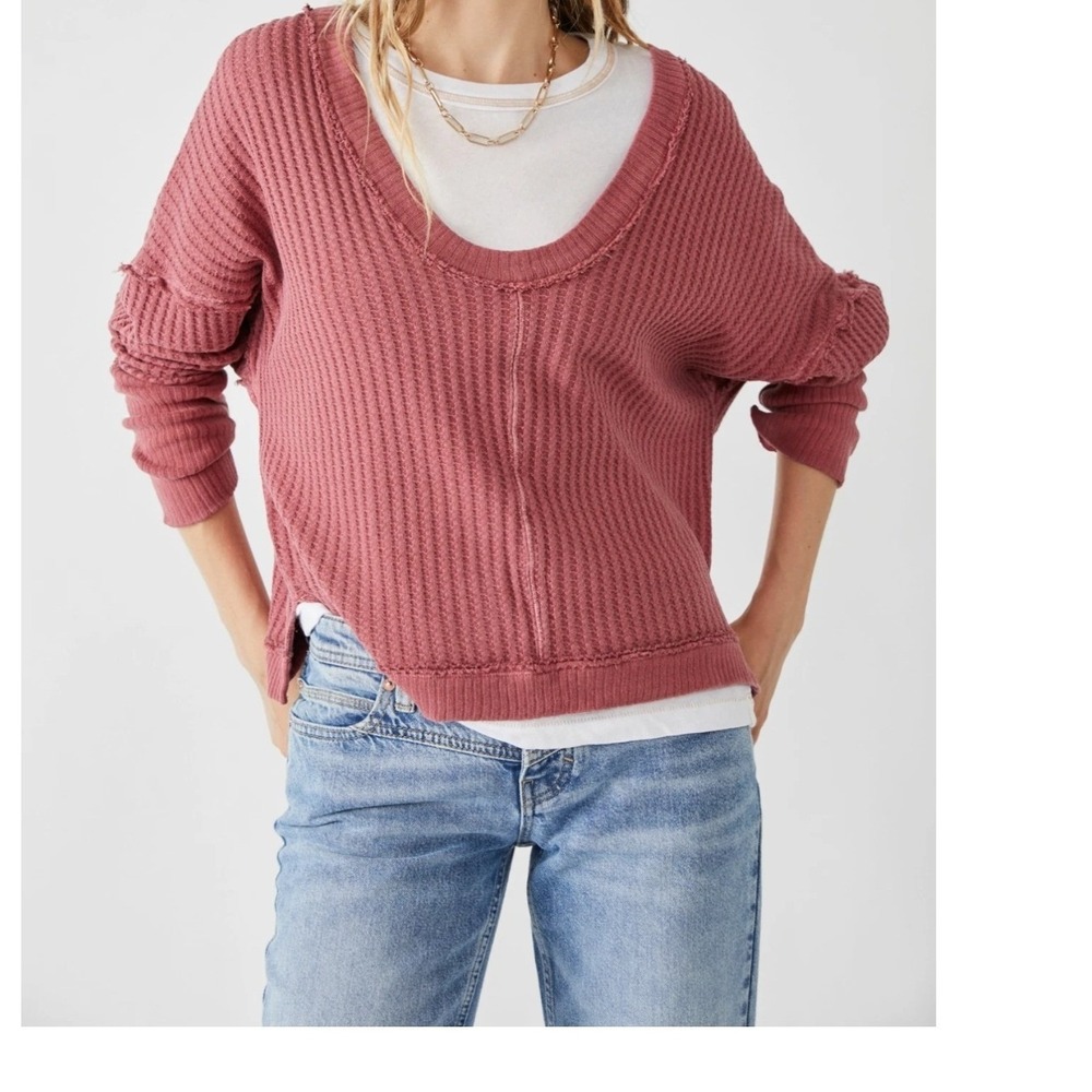 We The Free cowboy crop Waffle Knit V Neck Long Sleeve Thermal Top Size Large